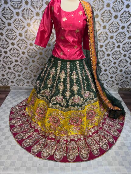 Hey [Name]! Just wanted to share my latest find with you. I’ve got this stunning multi-colour lehenga that's bursting with vibrant hues and intricate designs. The fabric is so luxurious, and the embroidery is just gorgeous. Can’t wait to wear it for the upcoming [occasion/event]! I’m absolutely in love with how the colours pop and the overall elegance of the outfit. Thought you’d appreciate seeing it—let me know what you think! 😊✨"